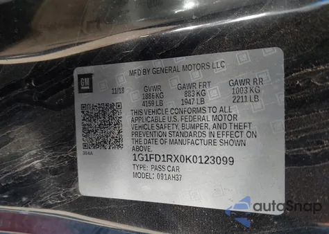 2019 Chevrolet Camaro 2Lt из США, поврежденный, VIN 1G1FD1RX0K0123099